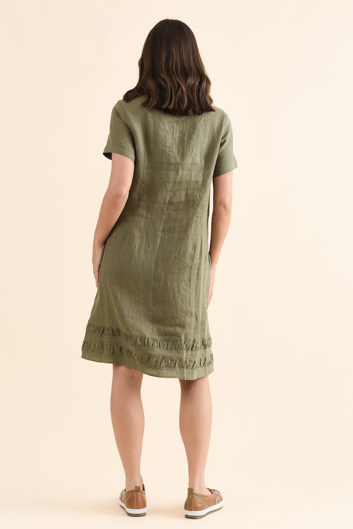 Erikson Olive Linen Pocket Dress,Back,Brunette model,alt text|model:MJ