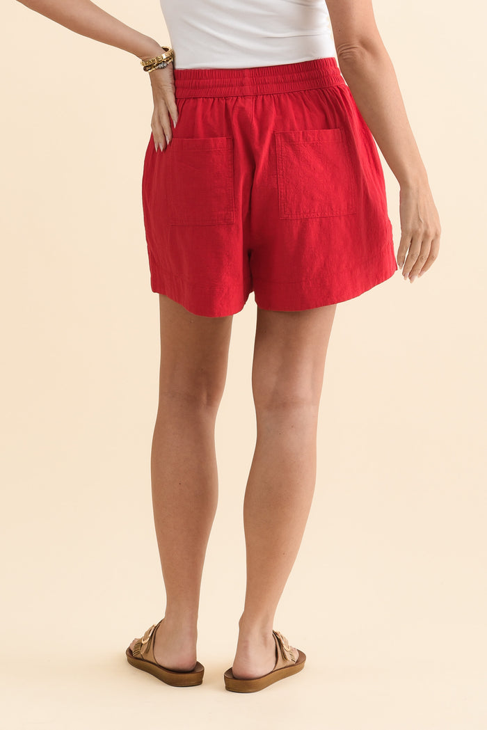 Esme Red Cotton Drawstring Shorts,Brunette model,alt text|model:MJ