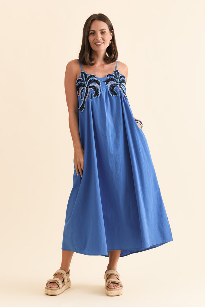 Essen Cobalt Cotton Poplin Embroidered Dress,Brunette model,alt text|model:MJ