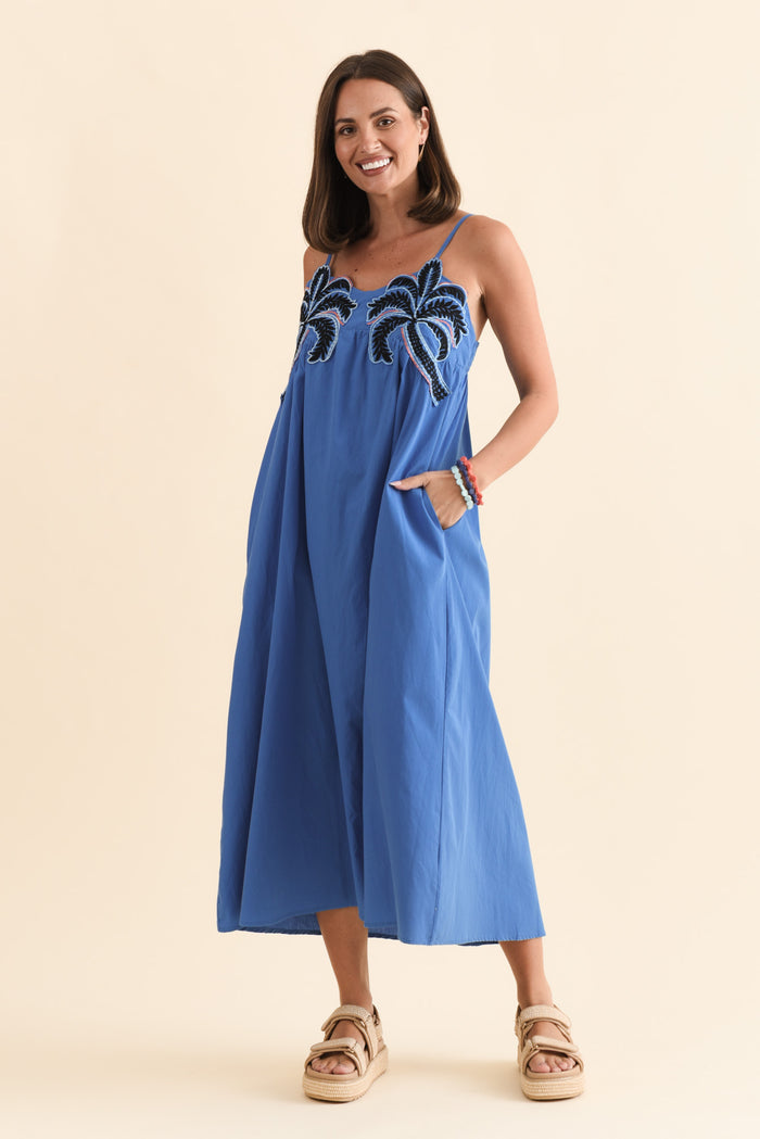 Essen Cobalt Cotton Poplin Embroidered Dress,Brunette model,alt text|model:MJ