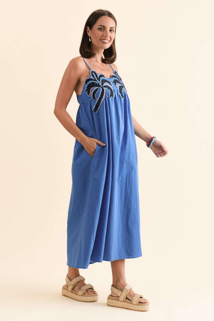 Essen Cobalt Cotton Poplin Embroidered Dress,Brunette model,alt text|model:MJ