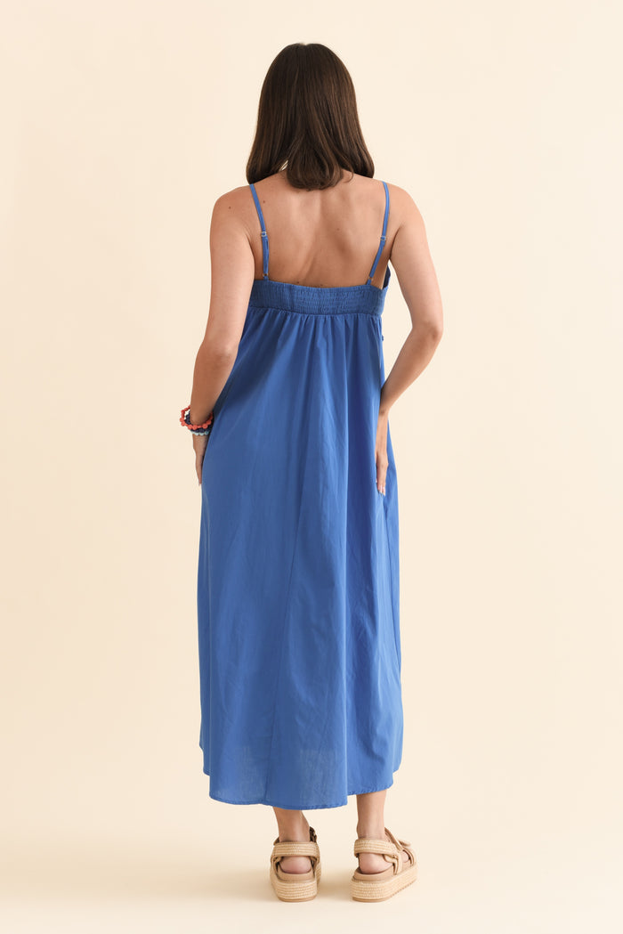 Essen Cobalt Cotton Poplin Embroidered Dress,Brunette model,alt text|model:MJ