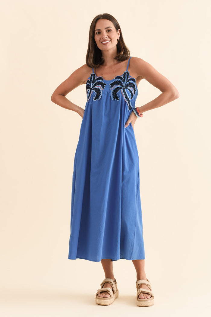 Essen Cobalt Cotton Poplin Embroidered Dress,Brunette model,alt text|model:MJ