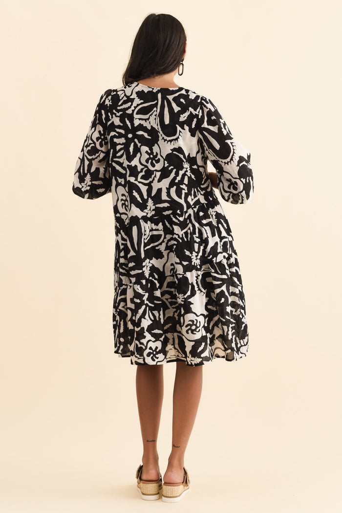 Esta Black Tropical Sleeved Dress,Brunette model,alt text|model:Brontie