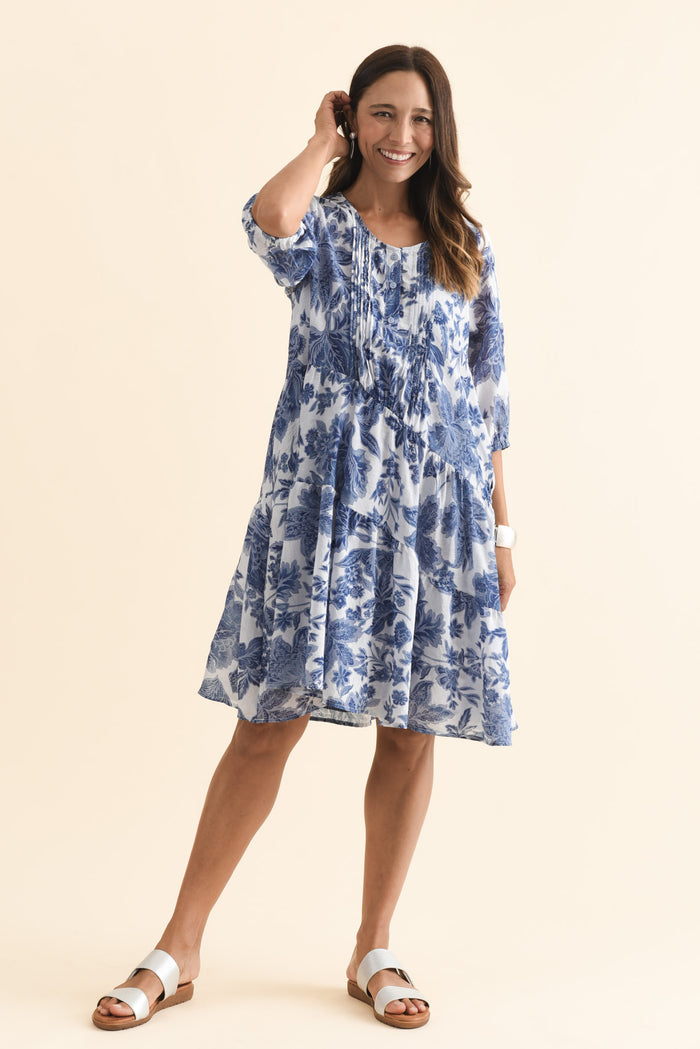 Esta Blue Floral Sleeved Dress,Brunette model,alt text|model:Cara