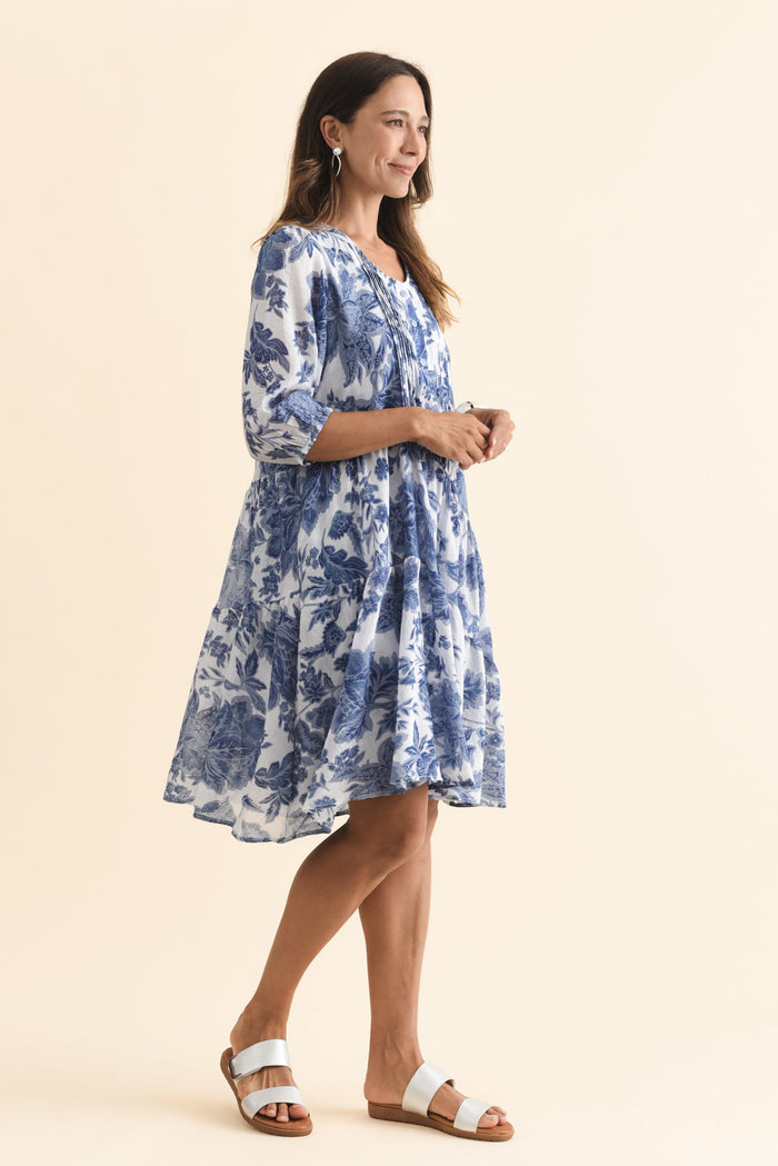 Esta Blue Floral Sleeved Dress,Brunette model,alt text|model:Cara