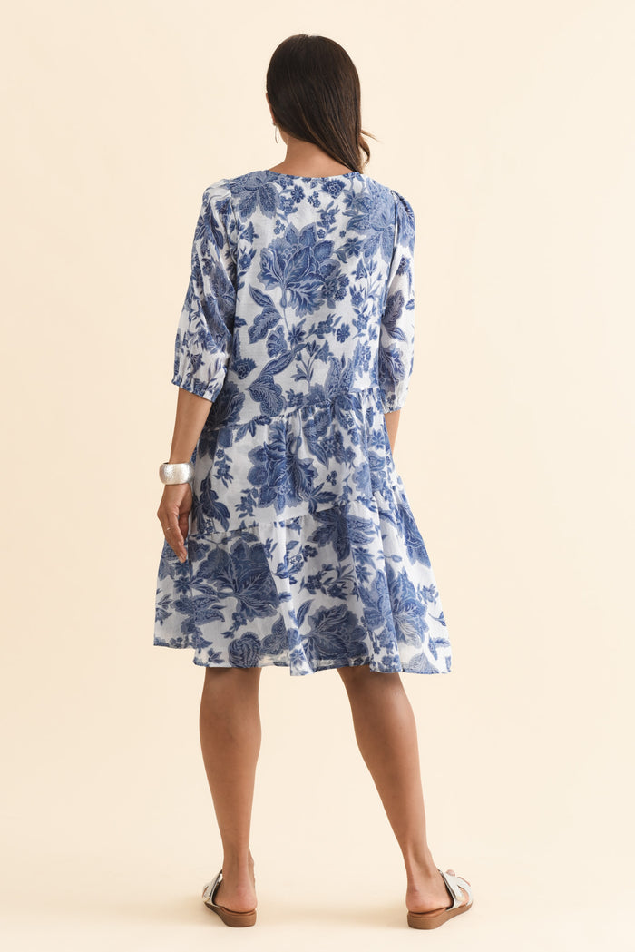 Esta Blue Floral Sleeved Dress,Brunette model,alt text|model:Cara