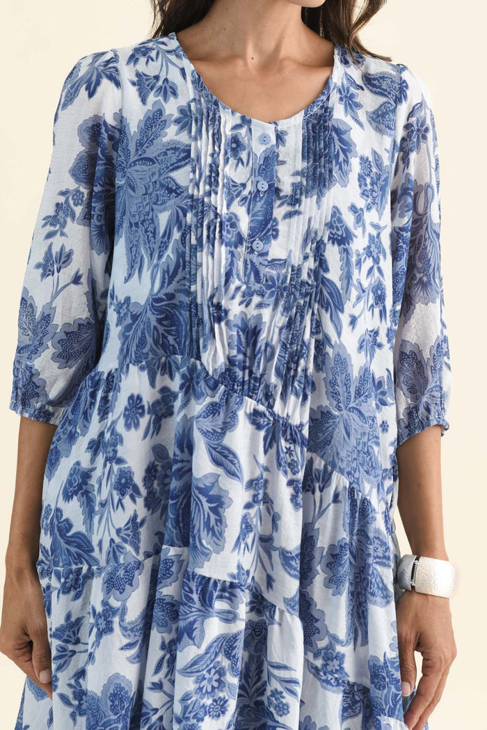 Esta Blue Floral Sleeved Dress,Brunette model,alt text|model:Cara