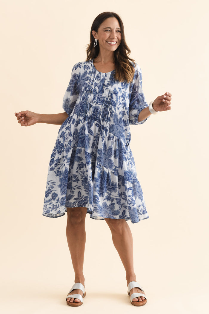 Esta Blue Floral Sleeved Dress,Brunette model,alt text|model:Cara