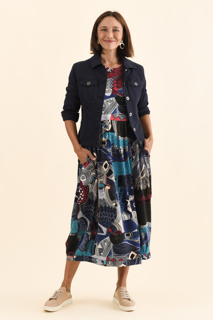 Estie Blue Abstract Pocket Midi Dress,Brunette model,alt text|model:Cara