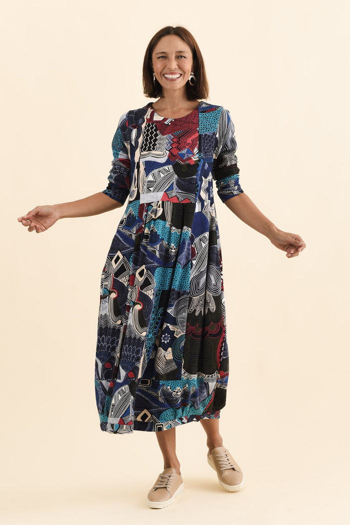 Estie Blue Abstract Pocket Midi Dress,Brunette model,alt text|model:Cara
