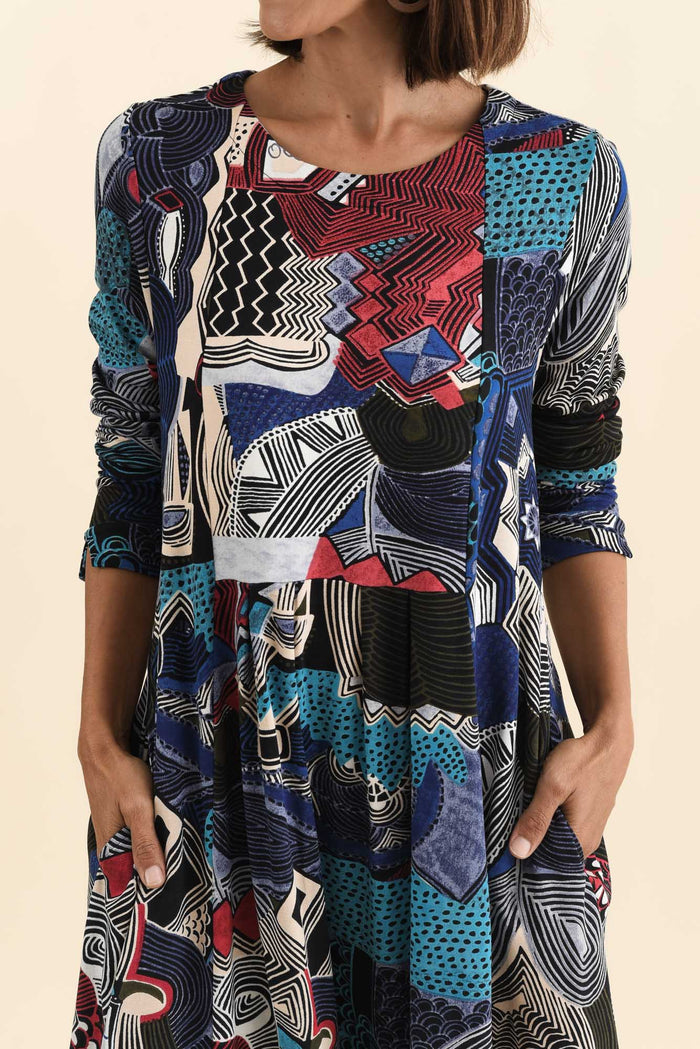 Estie Blue Abstract Pocket Midi Dress,Brunette model,alt text|model:Cara