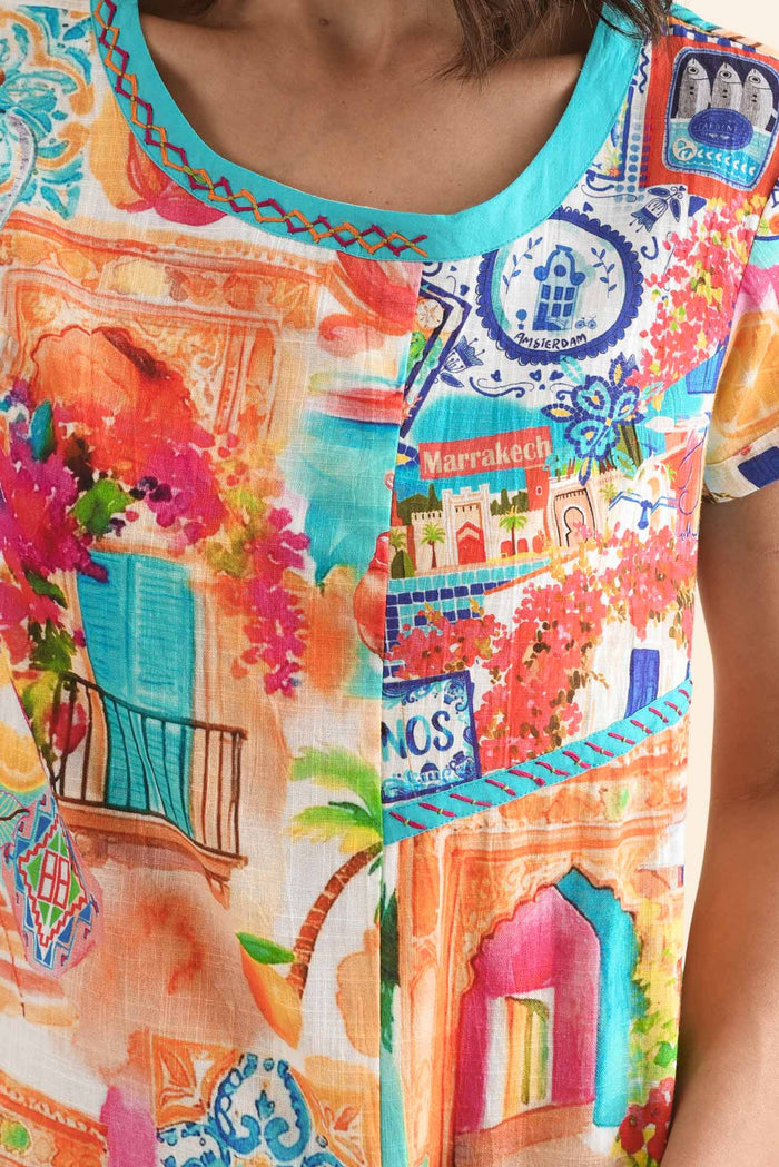 Ethel Blue Patchwork Organic Cotton Dress,Detail,Brunette model,alt text|model:Cara