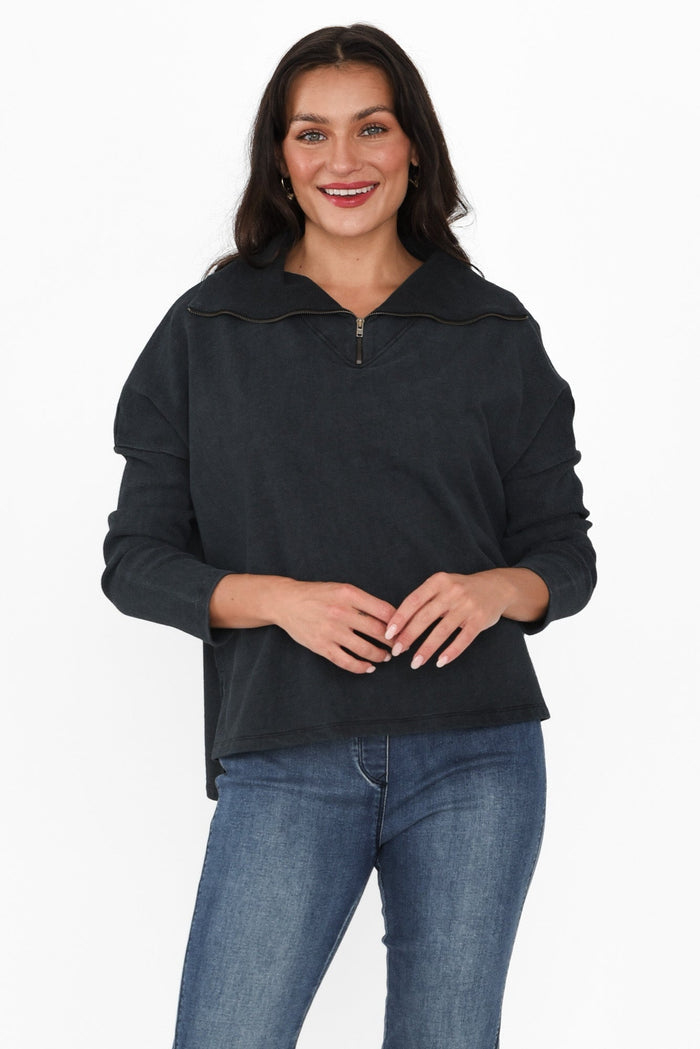 Etna Black Half Zip Sweatshirt,Brunette model,alt text|model:Brontie