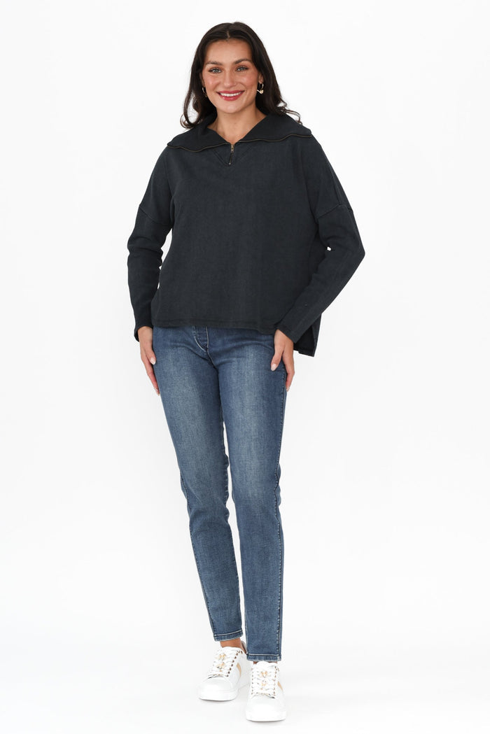 Etna Black Half Zip Sweatshirt,Brunette model,alt text|model:Brontie