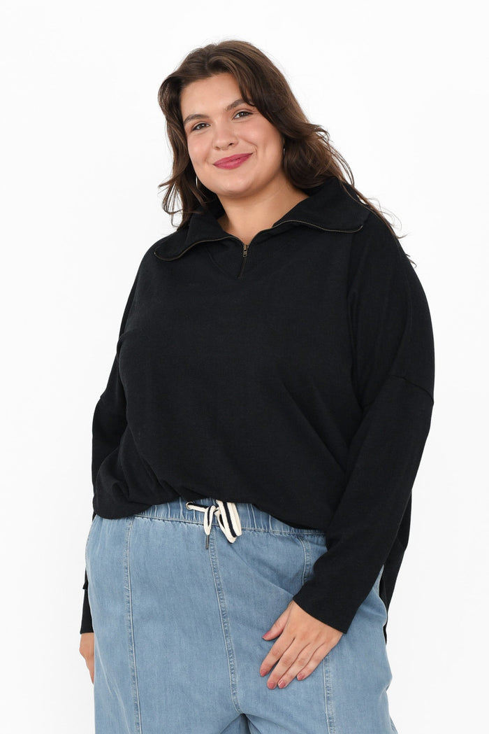 Etna Black Half Zip Sweatshirt,Brunette model,plus-size,curve-basics,curve-tops,plus-size-sleeved-tops,plus-size-cotton-tops,plus-size-basic-tops,plus-size-winter-clothing,plus-size-jumpers,alt text|model:Gabby