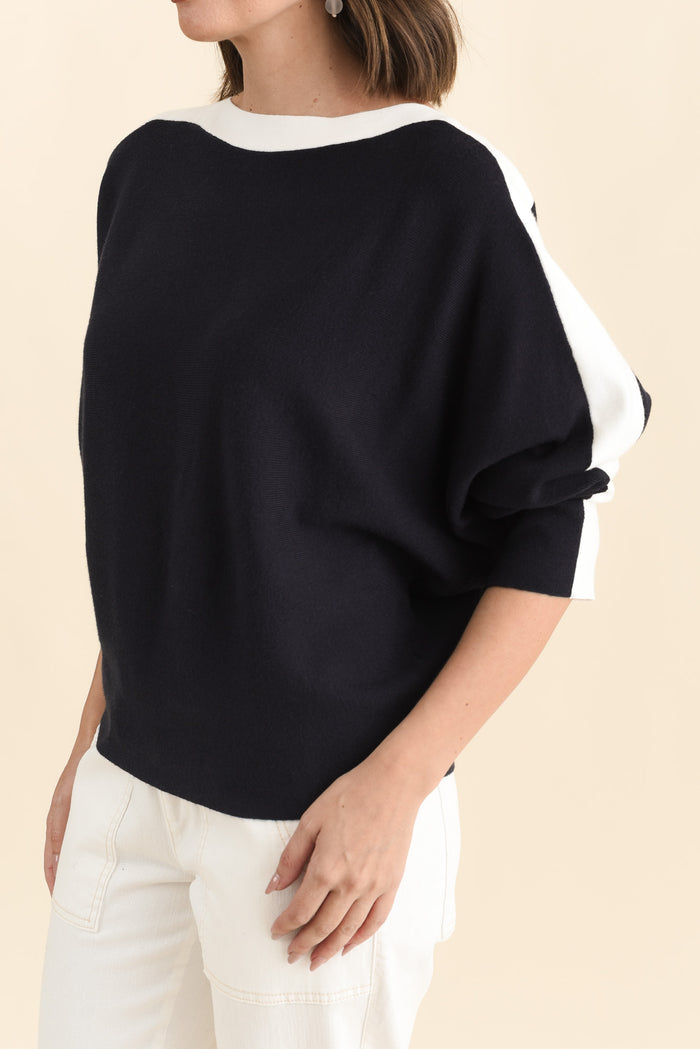 Eve Navy Contrast Boatneck Knit Jumper