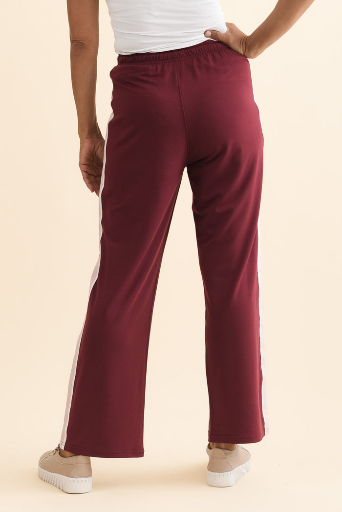 Evelyn Burgundy Contrast Trim Pants,Brunette model,alt text|model:Cara