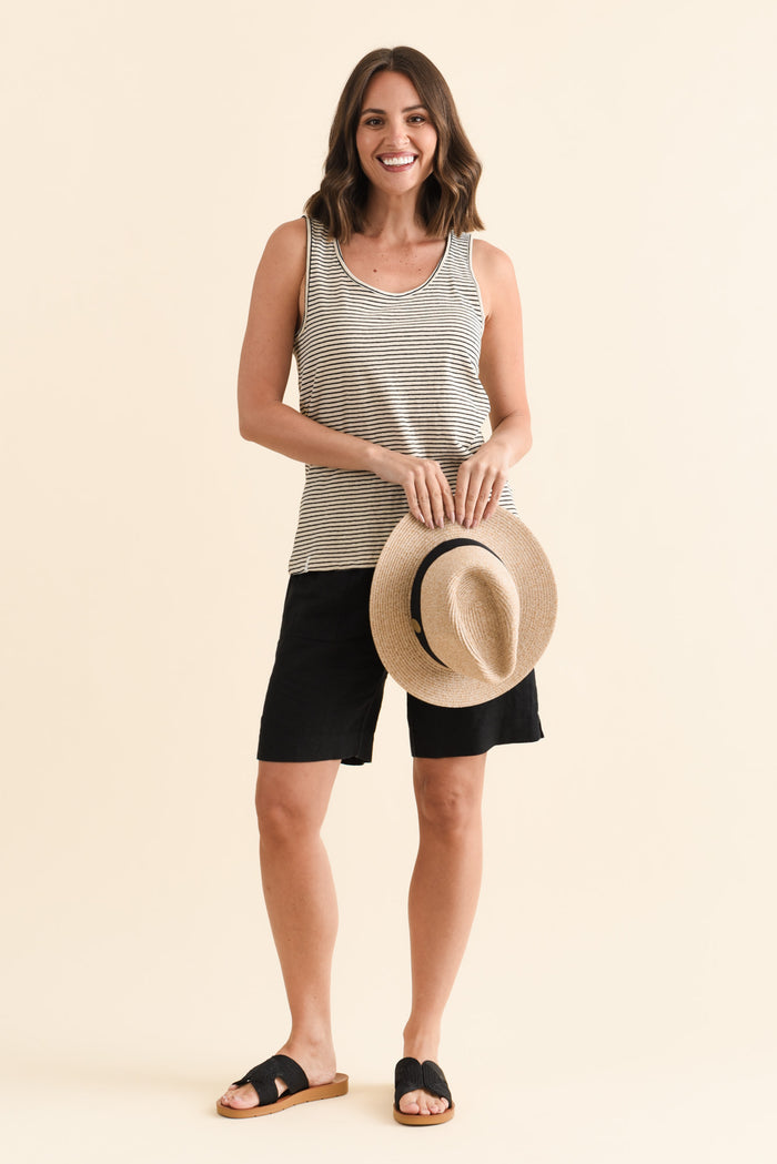 Evie Black Stripe Cotton Linen Tank,Brunette model,alt text|model:MJ