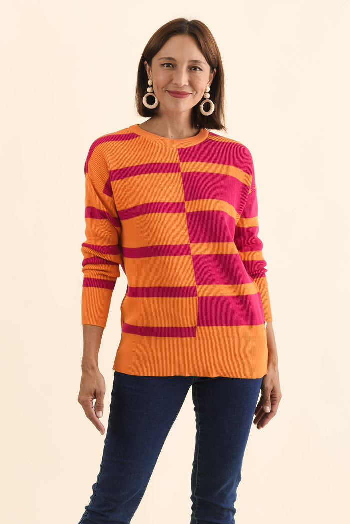 Evolet Orange Stripe Organic Cotton Knit Jumper,Brunette model,alt text|model:Cara