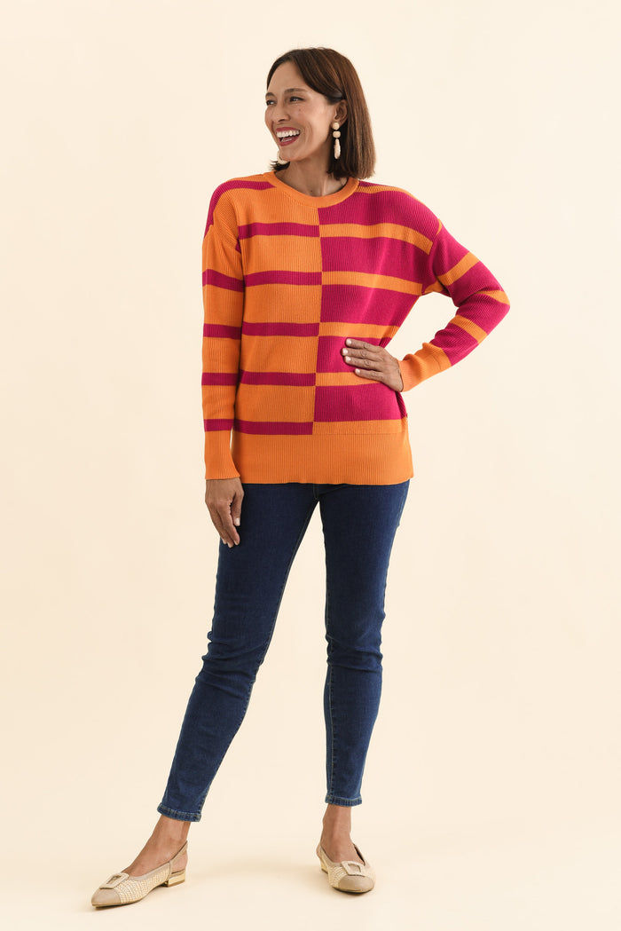 Evolet Orange Stripe Organic Cotton Knit Jumper,Brunette model,alt text|model:Cara