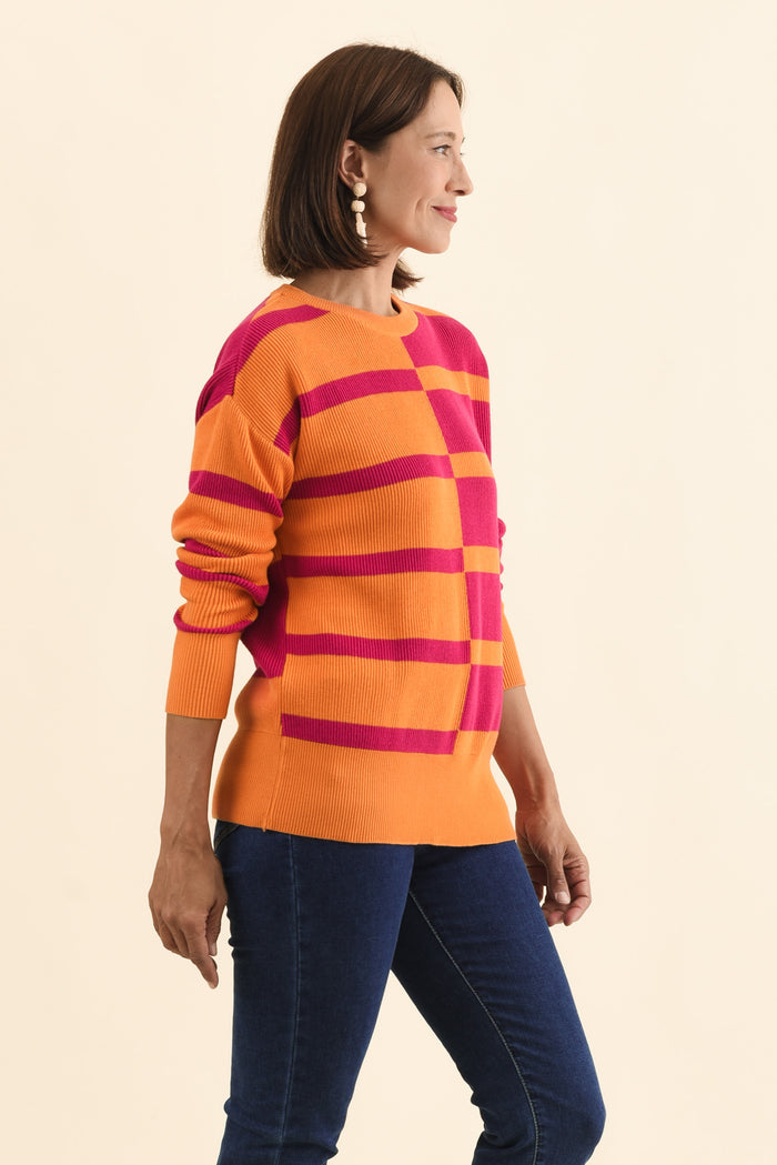 Evolet Orange Stripe Organic Cotton Knit Jumper,Brunette model,alt text|model:Cara