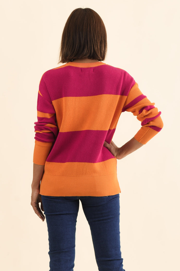 Evolet Orange Stripe Organic Cotton Knit Jumper,Brunette model,alt text|model:Cara