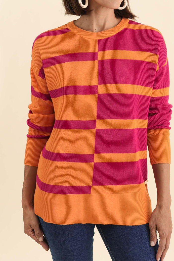 Evolet Orange Stripe Organic Cotton Knit Jumper,Brunette model,alt text|model:Cara