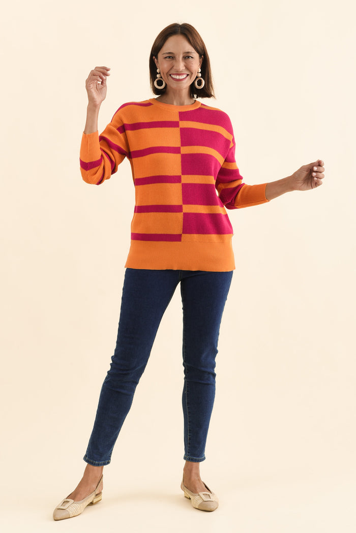 Evolet Orange Stripe Organic Cotton Knit Jumper,Brunette model,alt text|model:Cara