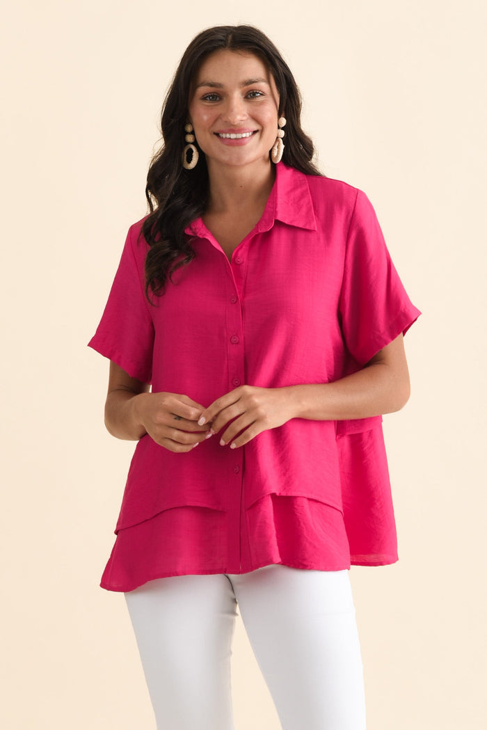 Ezra Hot Pink Layered Top,Brunette model,alt text|model:Brontie