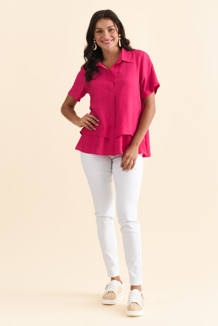 Ezra Hot Pink Layered Top,Brunette model,alt text|model:Brontie