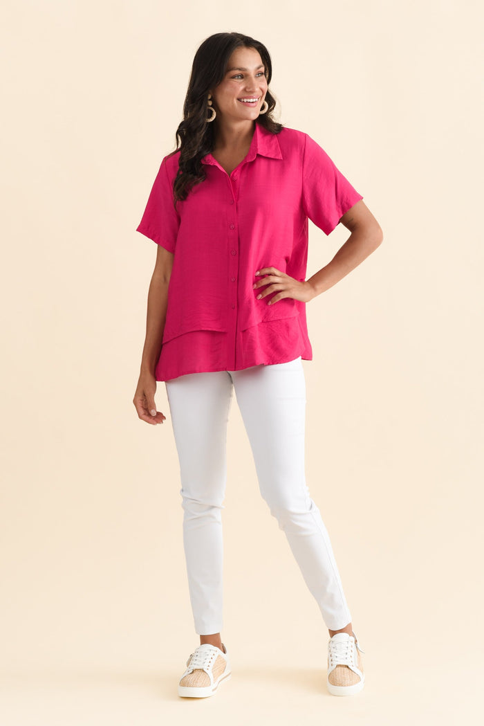 Ezra Hot Pink Layered Top,Brunette model,alt text|model:Brontie