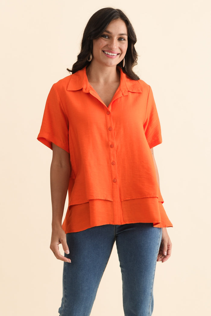 Ezra Orange Layered Top,Brunette model,alt text|model:Brontie