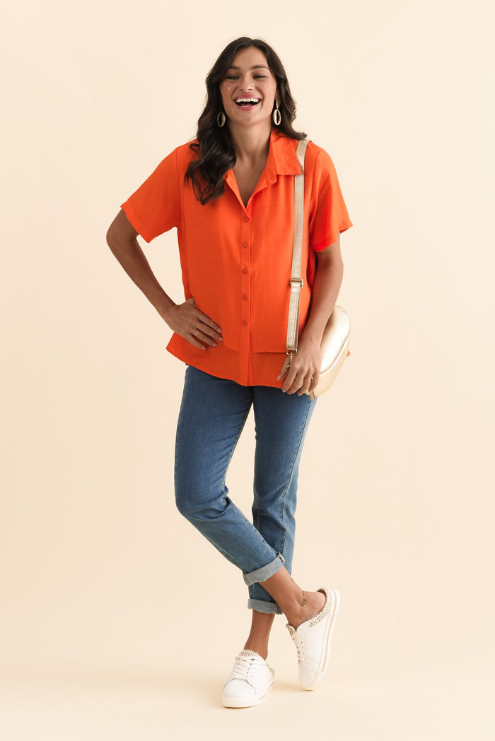 Ezra Orange Layered Top,Brunette model,alt text|model:Brontie