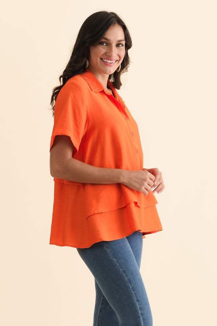 Ezra Orange Layered Top,Brunette model,alt text|model:Brontie