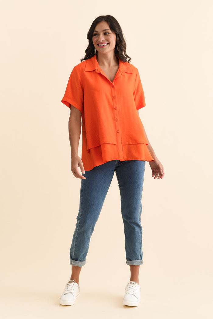 Ezra Orange Layered Top,Brunette model,alt text|model:Brontie