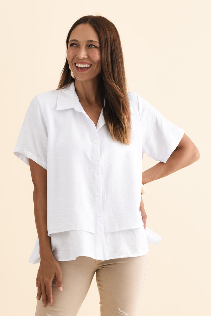 Ezra White Layered Top,Brunette model,alt text|model:Cara