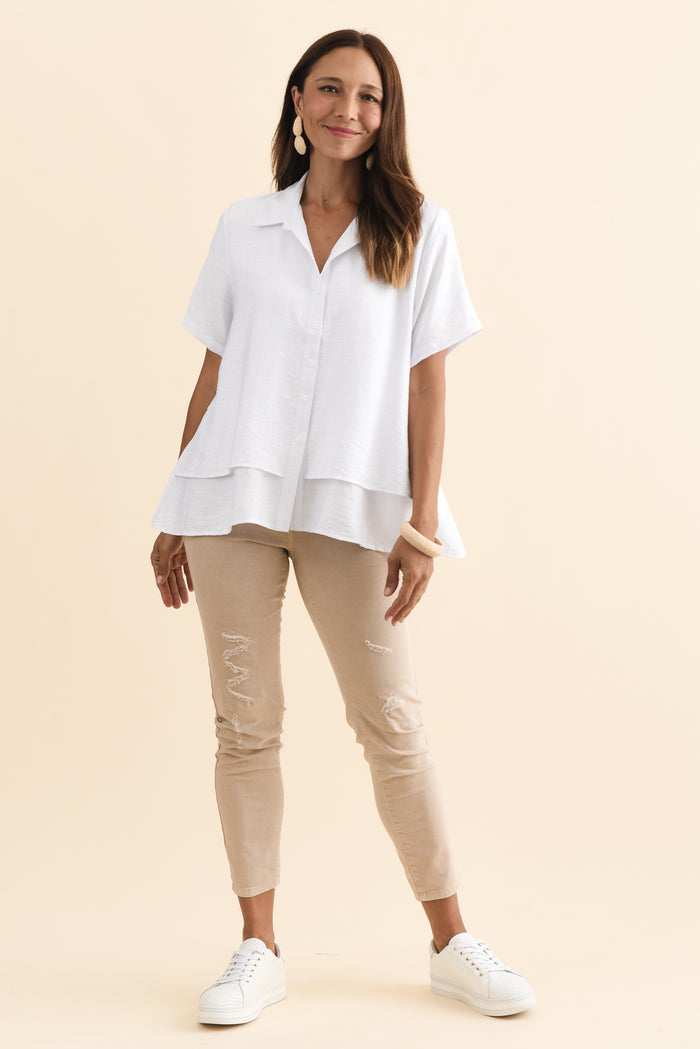 Ezra White Layered Top,Brunette model,alt text|model:Cara