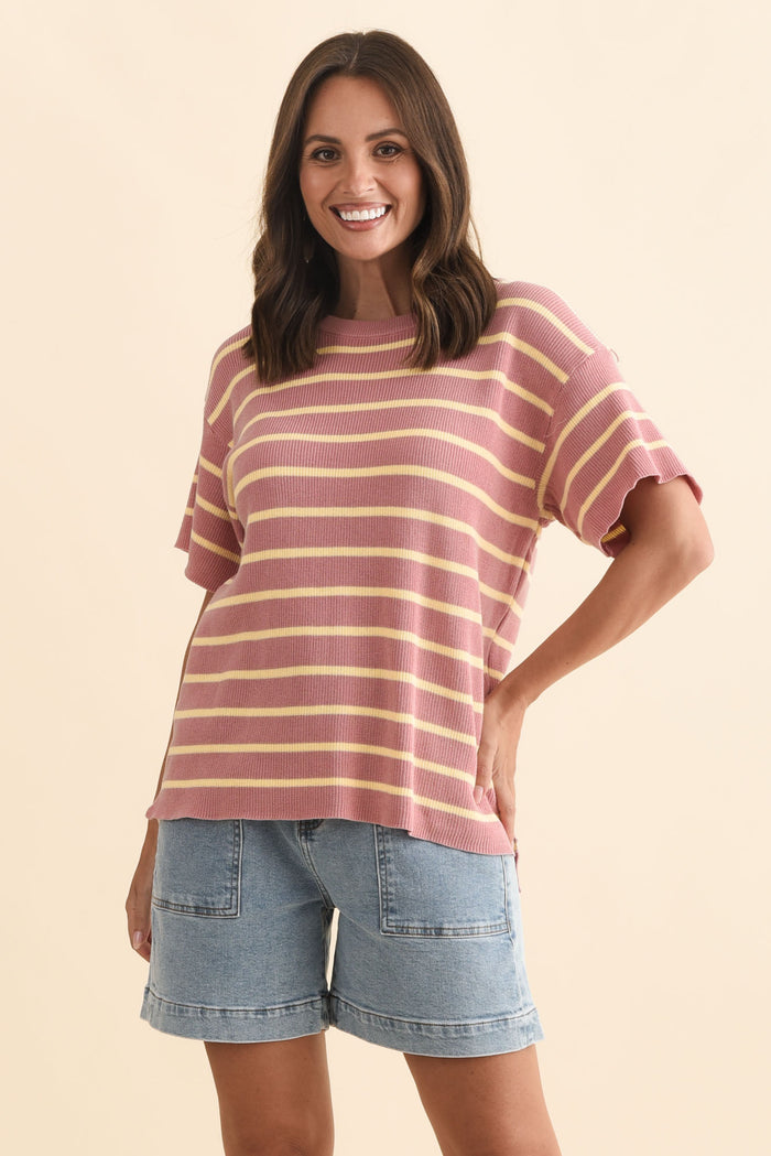 Fabian Blush Stripe Cotton Knit Top,Brunette model,alt text|model:MJ