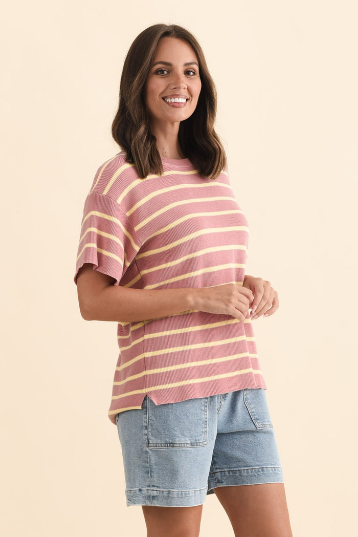 Fabian Blush Stripe Cotton Knit Top,Brunette model,alt text|model:MJ