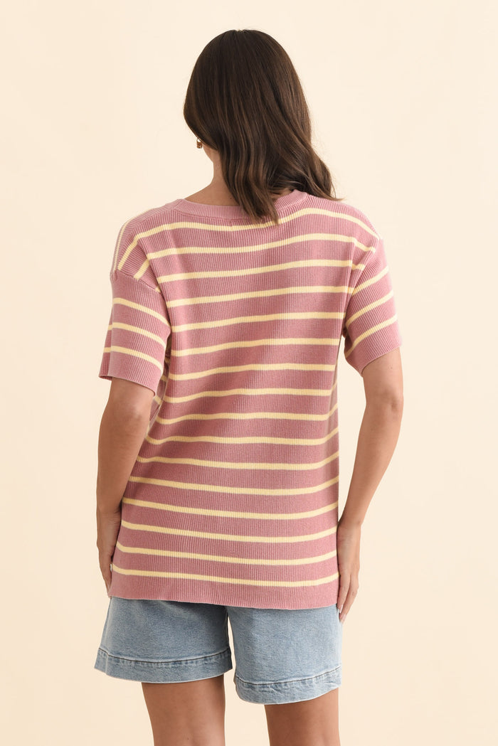 Fabian Blush Stripe Cotton Knit Top,Brunette model,alt text|model:MJ