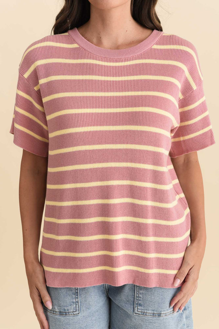 Fabian Blush Stripe Cotton Knit Top,Brunette model,alt text|model:MJ