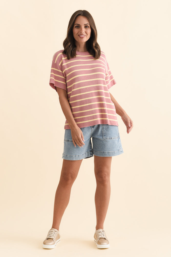 Fabian Blush Stripe Cotton Knit Top,Brunette model,alt text|model:MJ