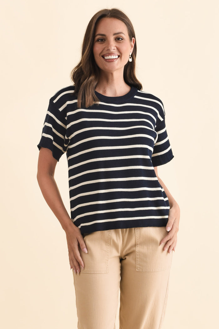 Fabian Navy Stripe Cotton Knit Top,Brunette model,alt text|model:MJ