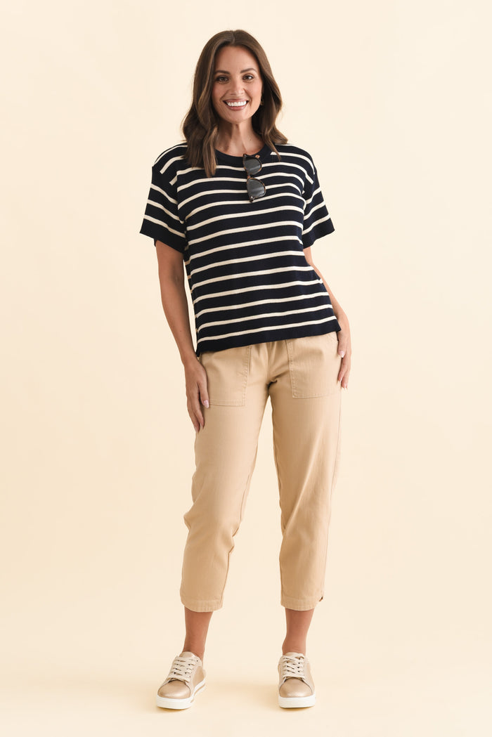 Fabian Navy Stripe Cotton Knit Top,Brunette model,alt text|model:MJ