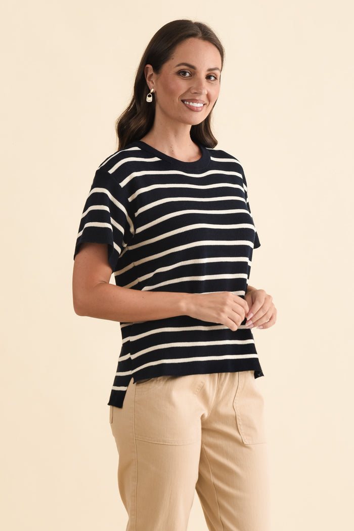 Fabian Navy Stripe Cotton Knit Top,Brunette model,alt text|model:MJ