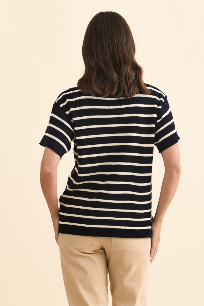 Fabian Navy Stripe Cotton Knit Top,Brunette model,alt text|model:MJ