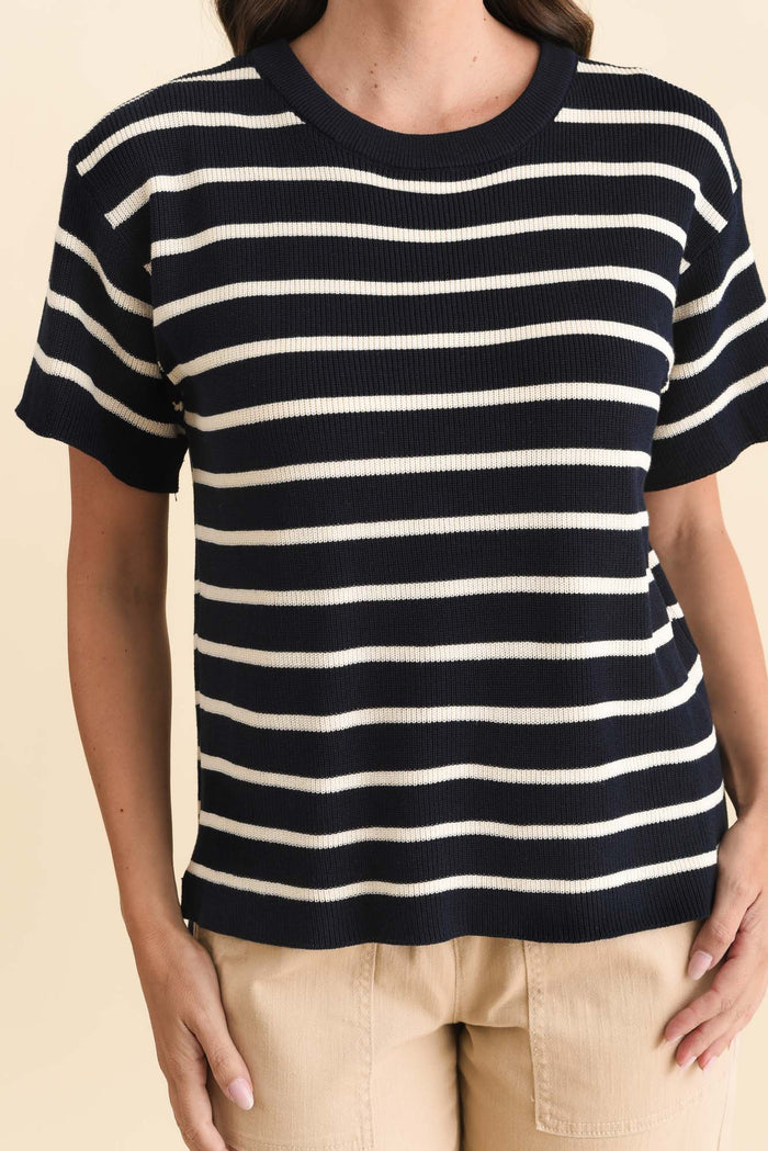 Fabian Navy Stripe Cotton Knit Top,Brunette model,alt text|model:MJ