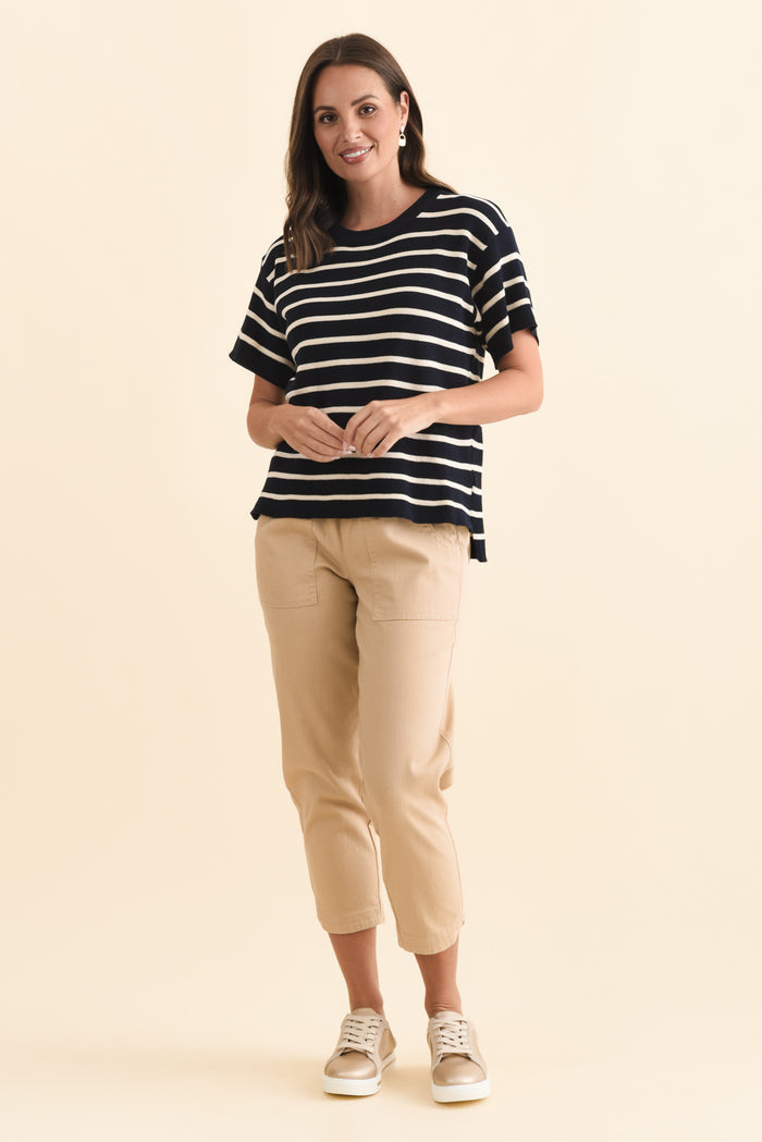 Fabian Navy Stripe Cotton Knit Top,Brunette model,alt text|model:MJ