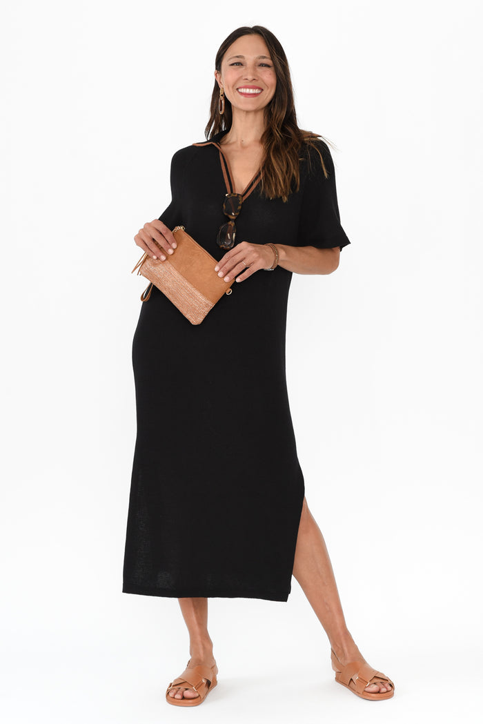 Fabiola Black Contrast Knit Dress,Brunette model,alt text|model:Cara